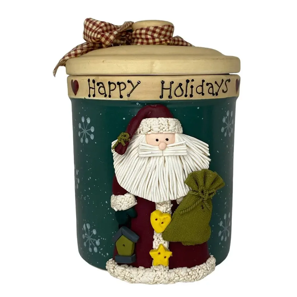Happy Holidays Santa Cookie Jar Ceramic Pottery